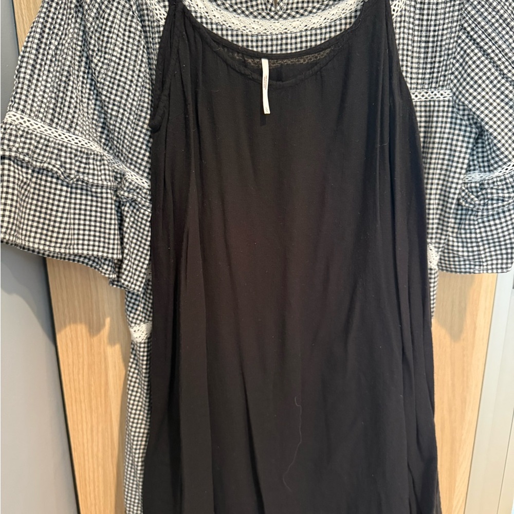 Free People Gingham Embroidered Mini Dress | Crochet Trim | Boho (Black) - Picture 6 of 6